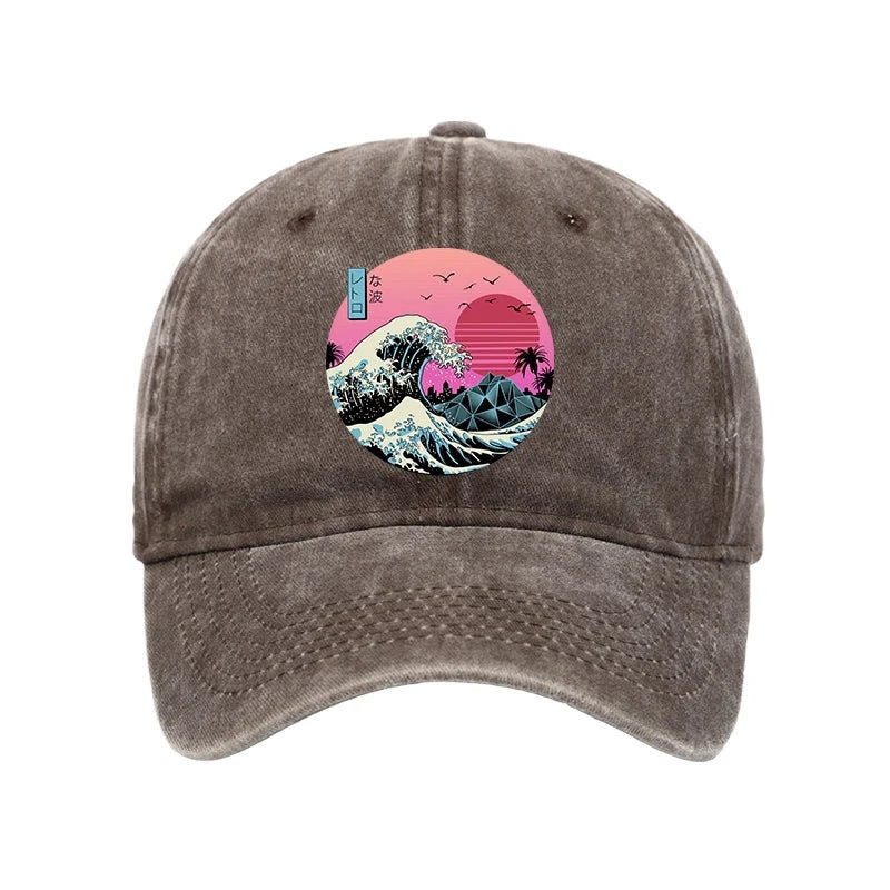 Unisex 100% Cotton Japanese The Great Retro Wave Vintage Print Cap - Coffee - one size - image 3