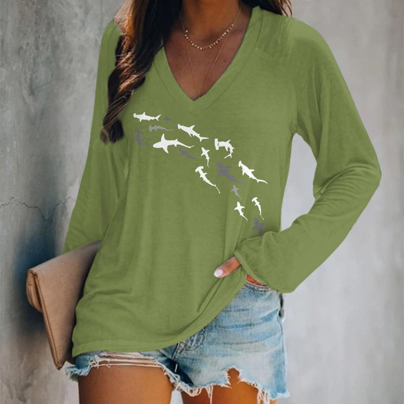 Shark Print V-neck Long Sleeve T-shirt