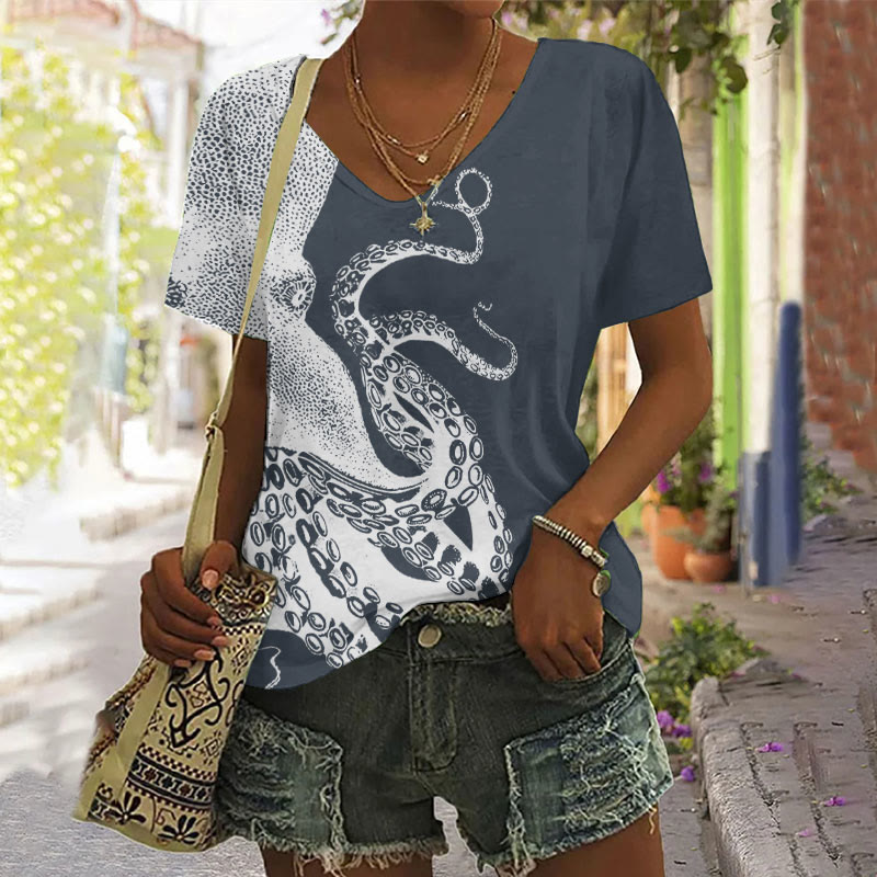 Japanese Art Octopus Graphic Print V-neck T-shirt - Navy Blue - 5XL - image 2