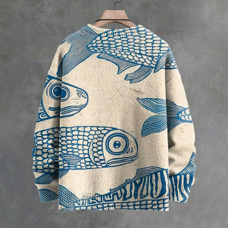 Blue Minimalist Line Fish Print Causal V-neck Pullover Unisex Sweater - image 5