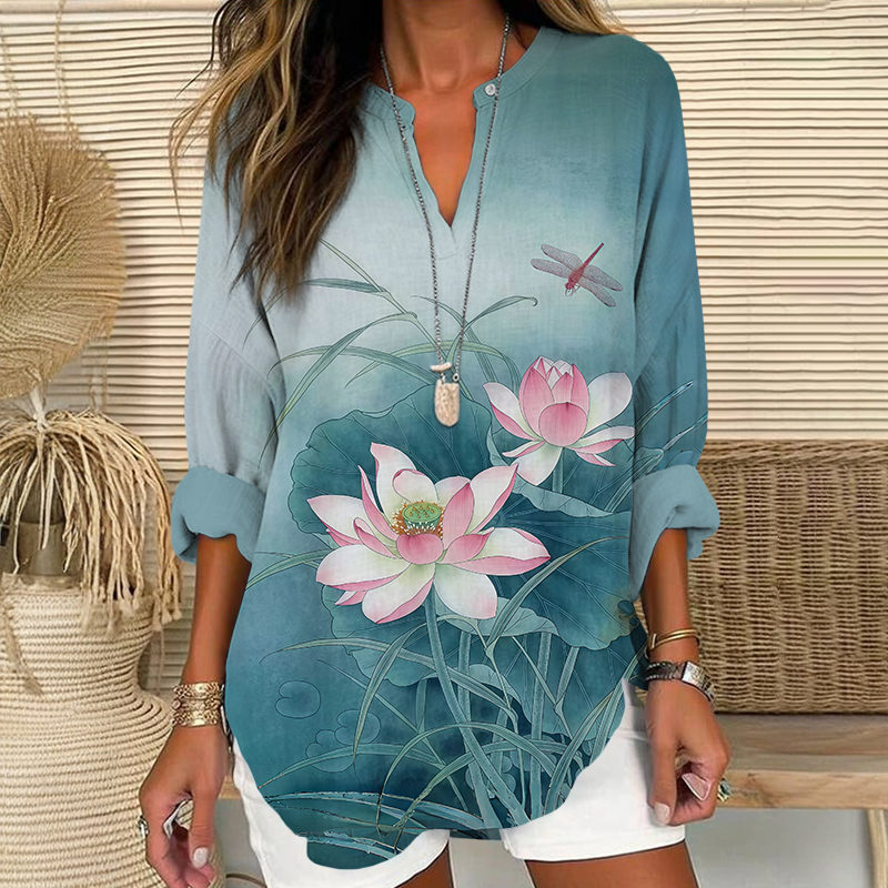 Oil Painting Lotus Blossom Art Print V Neck Long Sleeve Blouse - Blue - 8XL - image 1