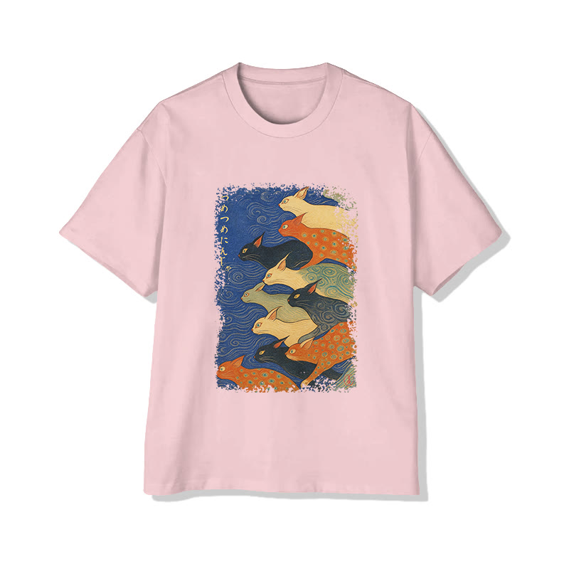 Unisex Japanese Ukiyo-E Cats Print Short Sleeved Crew Neck T-Shirt - Pink - 2XL - image 5