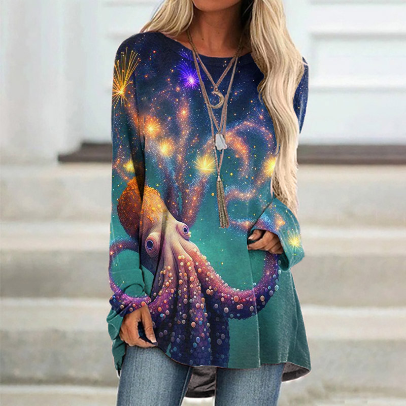 Cute Fireworks Octopus Painting Print Tunic - Multicolor - 8XL - image 1