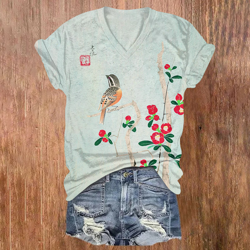 Vintage Cartoon Floral & Bird Print Short Sleeved V-neck T-shirt - Light Blue - US32-34(5XL) - image 1