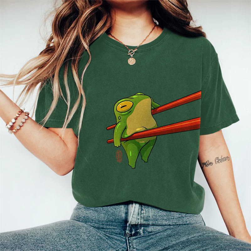 100% Cotton Funny Chopsticks Frog Art Print Casual T-shirt - Green - 2XL - image 5