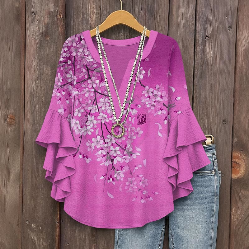 Cherry Blossom Full Moon Japanese Art Gradient Print V-neck Half Sleeve Blouse - Purple - 5XL - image 3