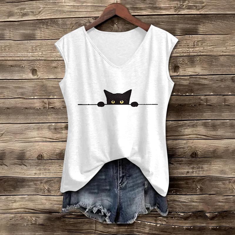 Women's Casual Black Cat Print V-neck Tank Top - White - 5XL - image 4