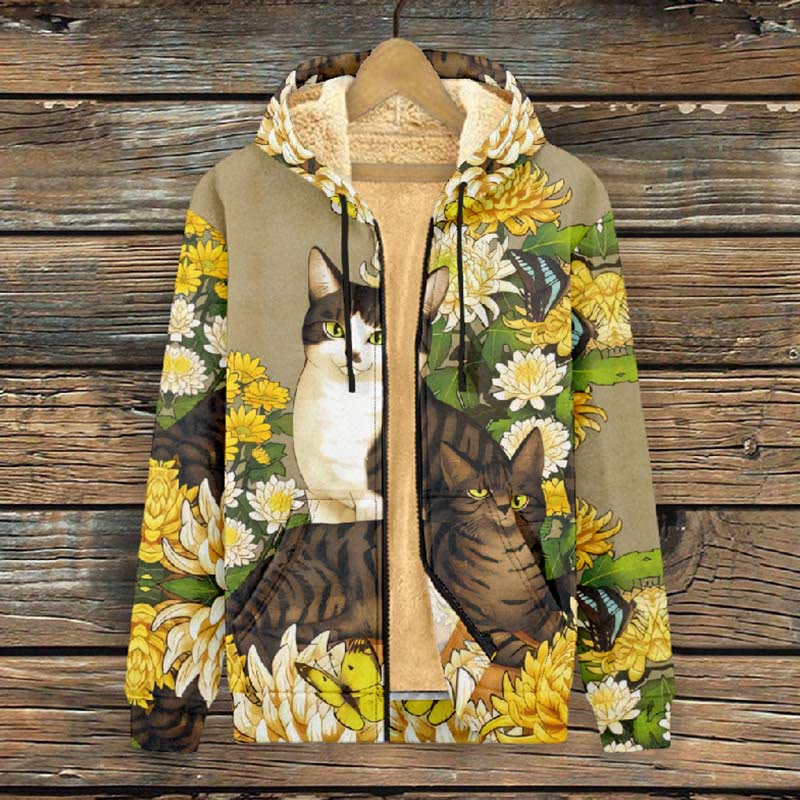 Women's Vintage Chrysanthemum Surround Couple Cats Print Fleece Jacket - image 3