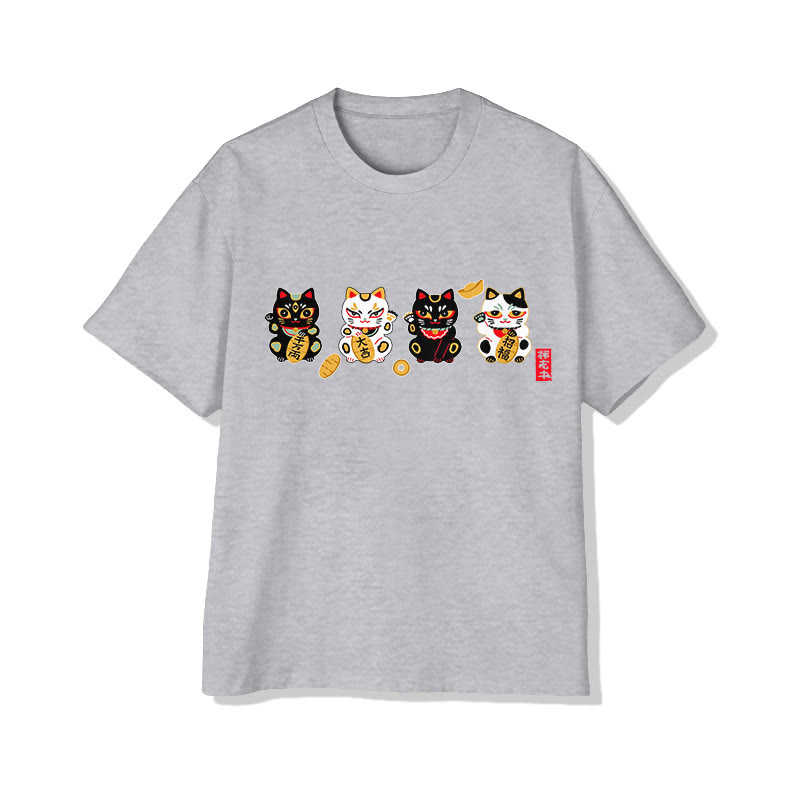 Unisex Japanese New Year Lucky Cats Pattern Art Cotton Print T-shirt - Grey - US20-22(3XL) - image 4