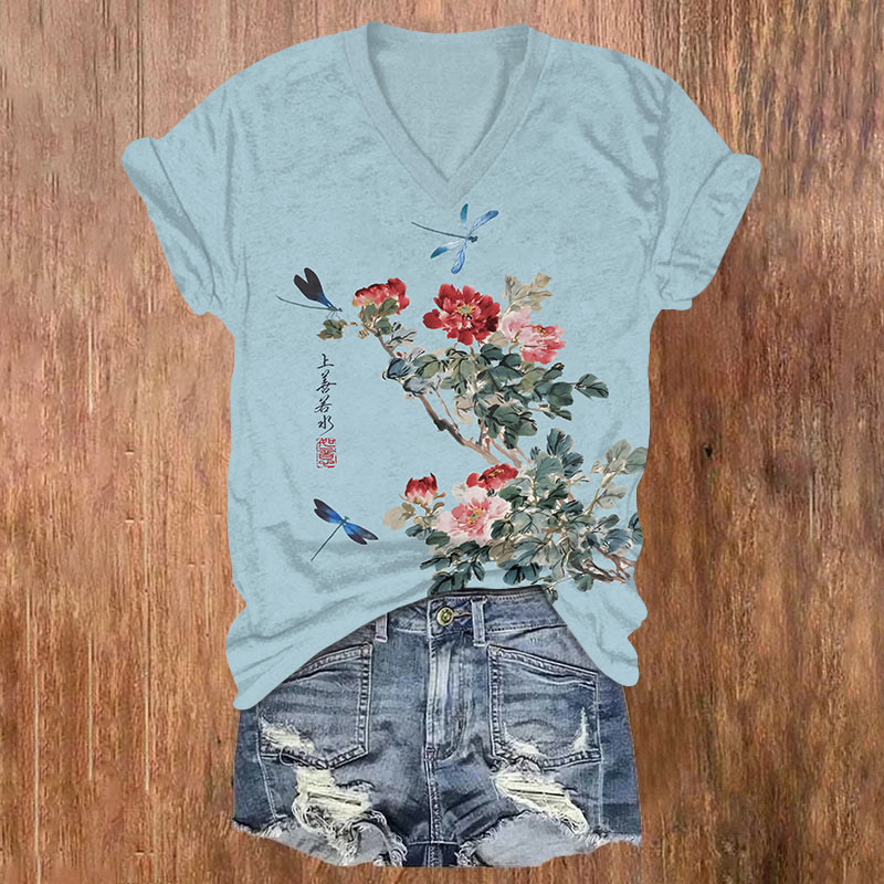 Japanese Vintage Rose Blossom & Dragonfly Art T-shirt - Blue - US32-34(5XL) - image 3