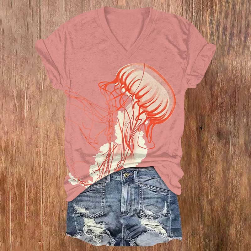 Vintage Abstract Jellyfish Art Print V-neck T-shirt - Pink - US32-34(5XL) - image 4
