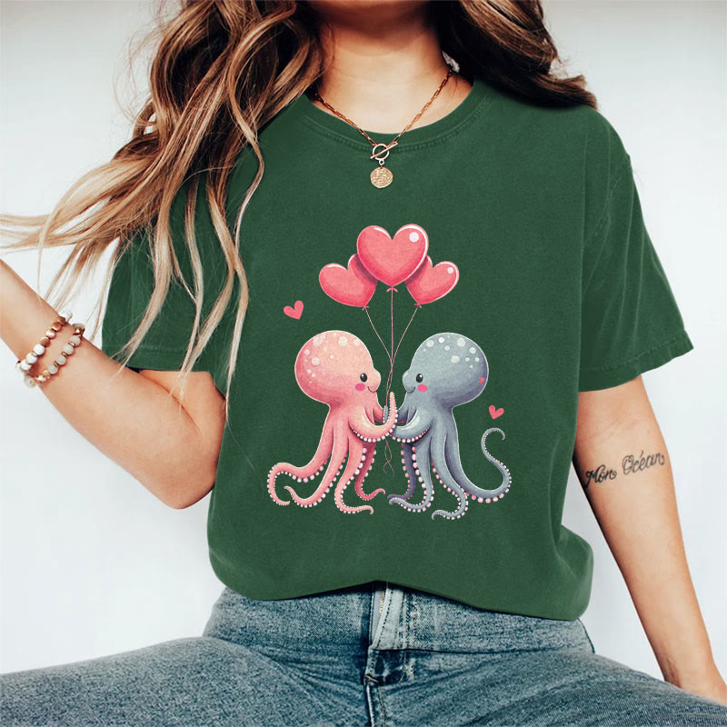 100% Cotton Valentine's Day Octopus Heart T-shirt - Green - 2XL - image 5