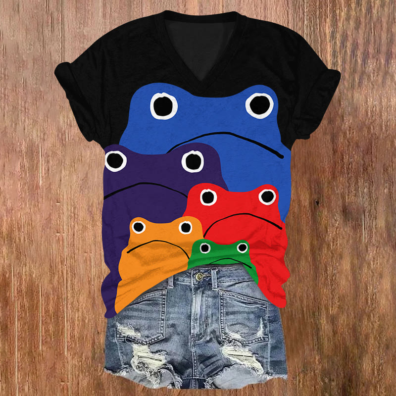 Cascading Rainbow Japanese Frog Print Causal T-shirt - Black - US32-34(5XL) - image 3