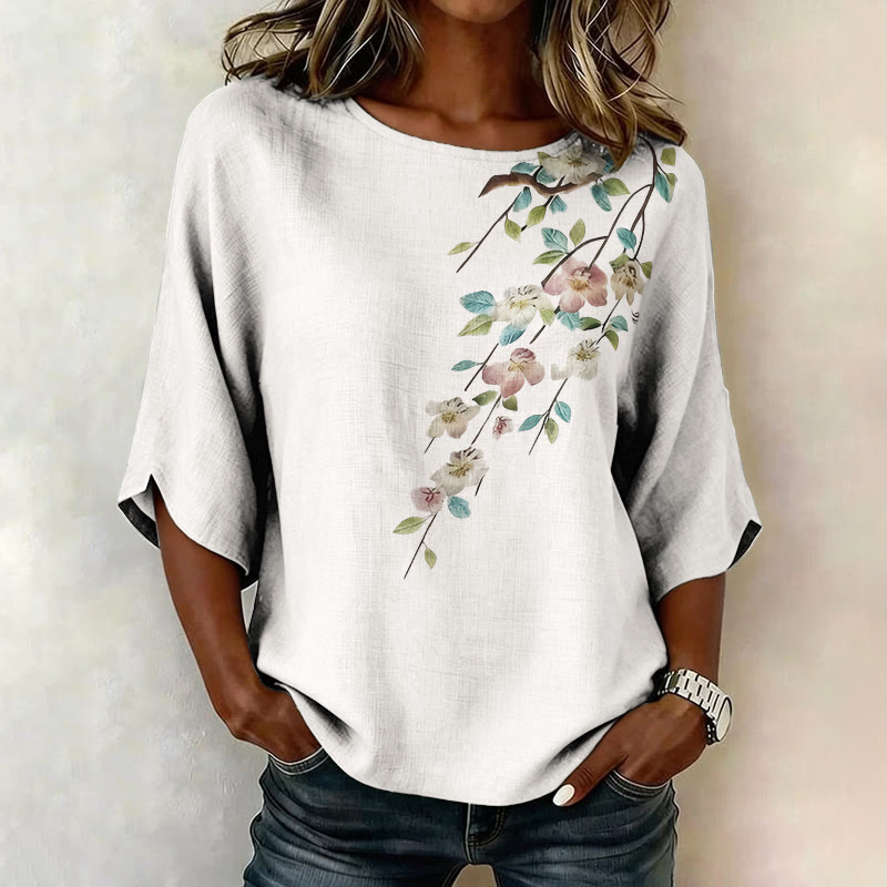 Floral Branch Print Half Sleeve Casual Blouse - White - 4XL - image 5