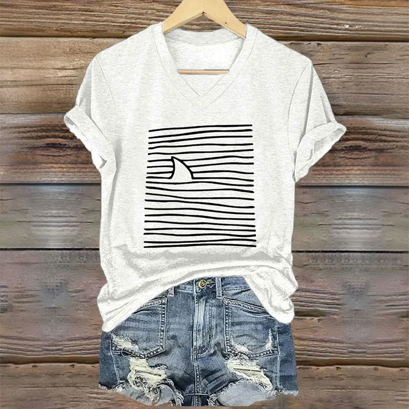 Women's Shark Art Print V-neck T-shirt