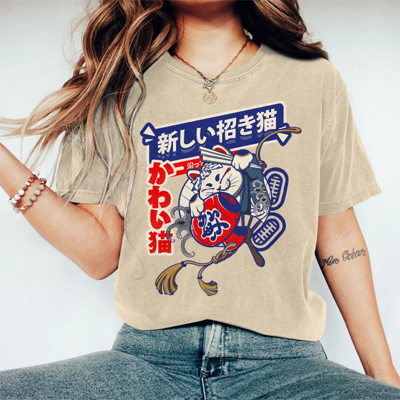 100% Cotton Women's Japanese Lucky Cat Art Print Casual T-shirt - Khaki - 2XL - image 4