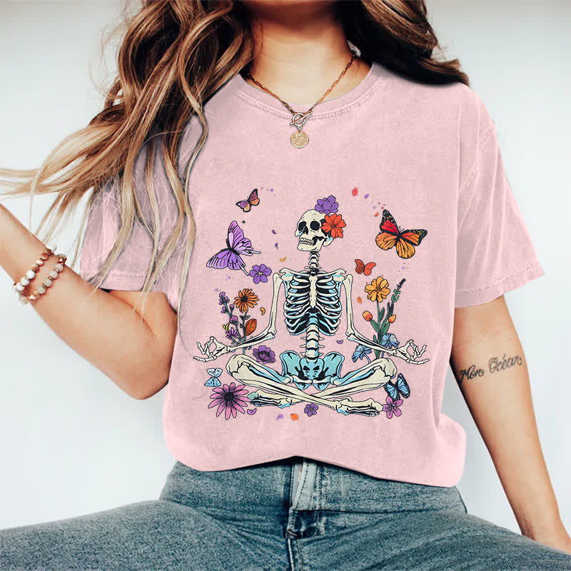 100% Cotton Women's Halloween Skeleton Man Surrounded By Flower & Butterfly Art Print Casual T-shirt - Pink - 2XL - image 11
