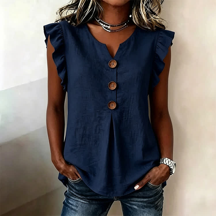 Solid Button Ruffle Sleevesless V-neck Top Blouse - Navy Blue - US32-34(5XL) - image 9