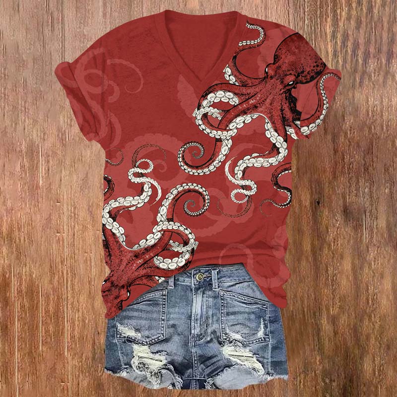 Vintage Red Octopus Art Print V-neck T-shirt - Red - US32-34(5XL) - image 3