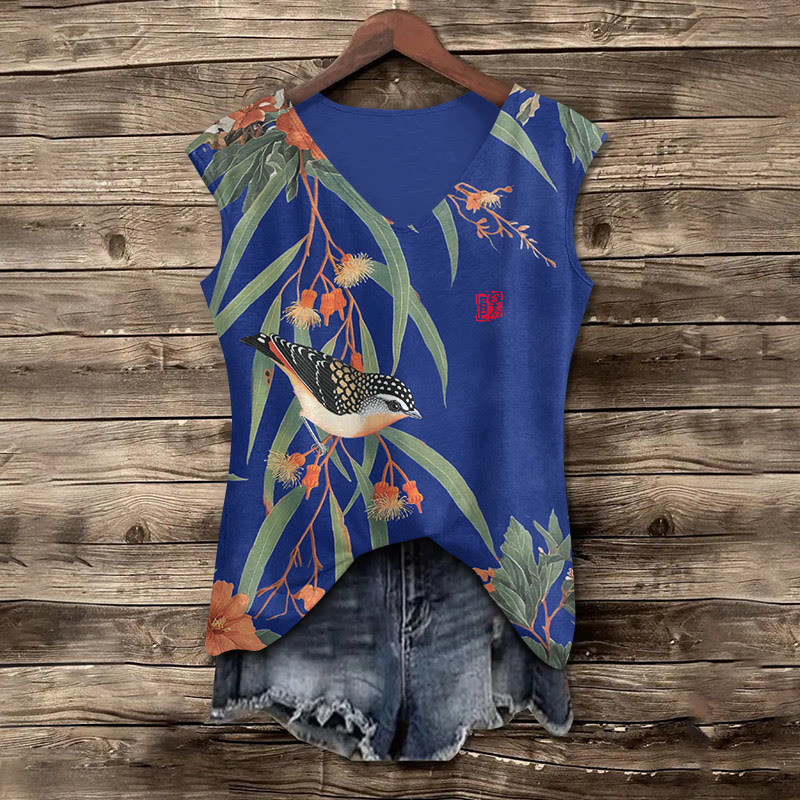 Japanese Vintage Little Bird Pattern Print V-neck Tank Top - Blue - 5XL - image 6