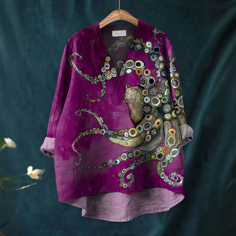 Colorful Octopus Oil Painting Print Casual V-neck Blouse - image 11