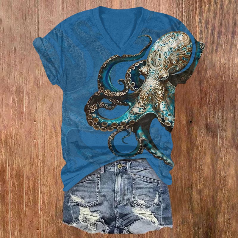 Vintage Mystical Geometric Octopus Print V-neck T-shirt - Blue - US32-34(5XL) - image 2