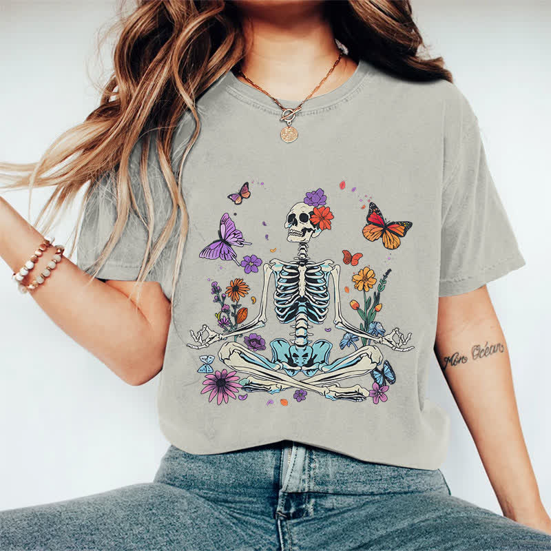 100% Cotton Women's Halloween Skeleton Man Surrounded By Flower & Butterfly Art Print Casual T-shirt - Warm Grey - 2XL - image 4