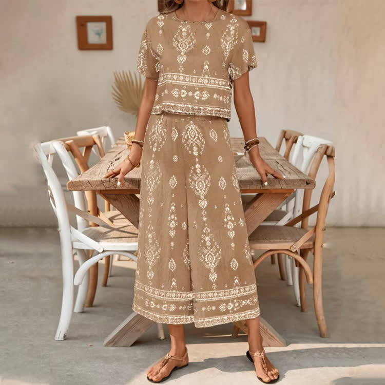 Vacation-style Ethnic Print Short-sleeve Round-neck Shirt & Pants - image 6