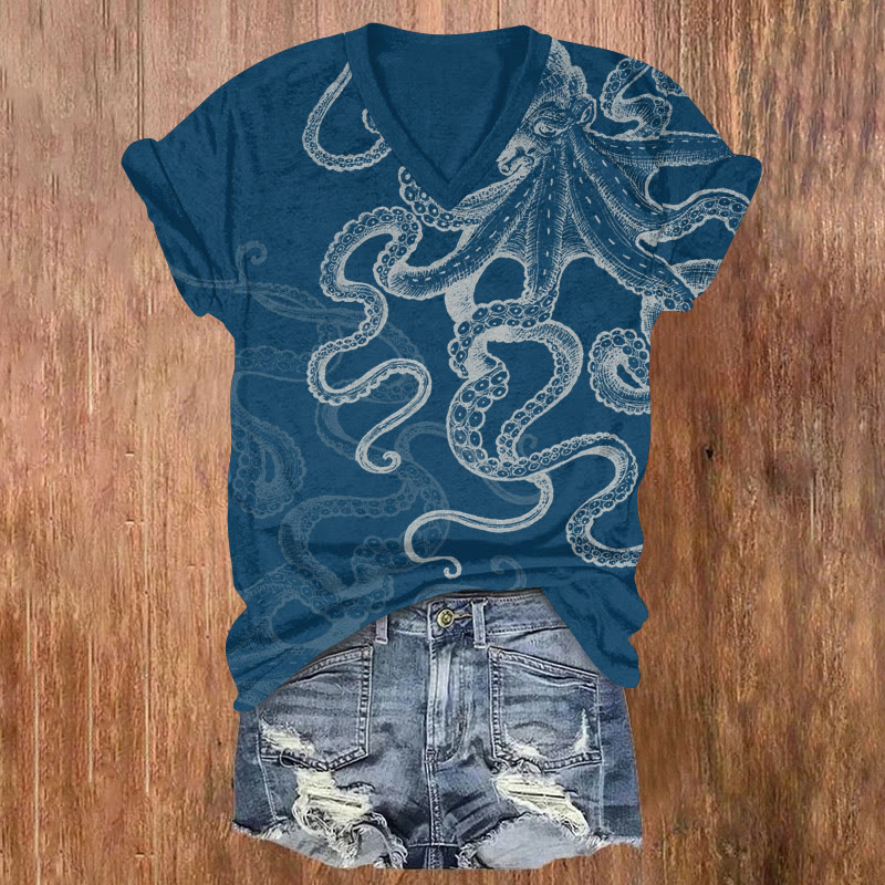 Ocean Octopus Sketch Art Pattern Print Short Sleeved V-neck T-shirt - Blue - US32-34(5XL) - image 4