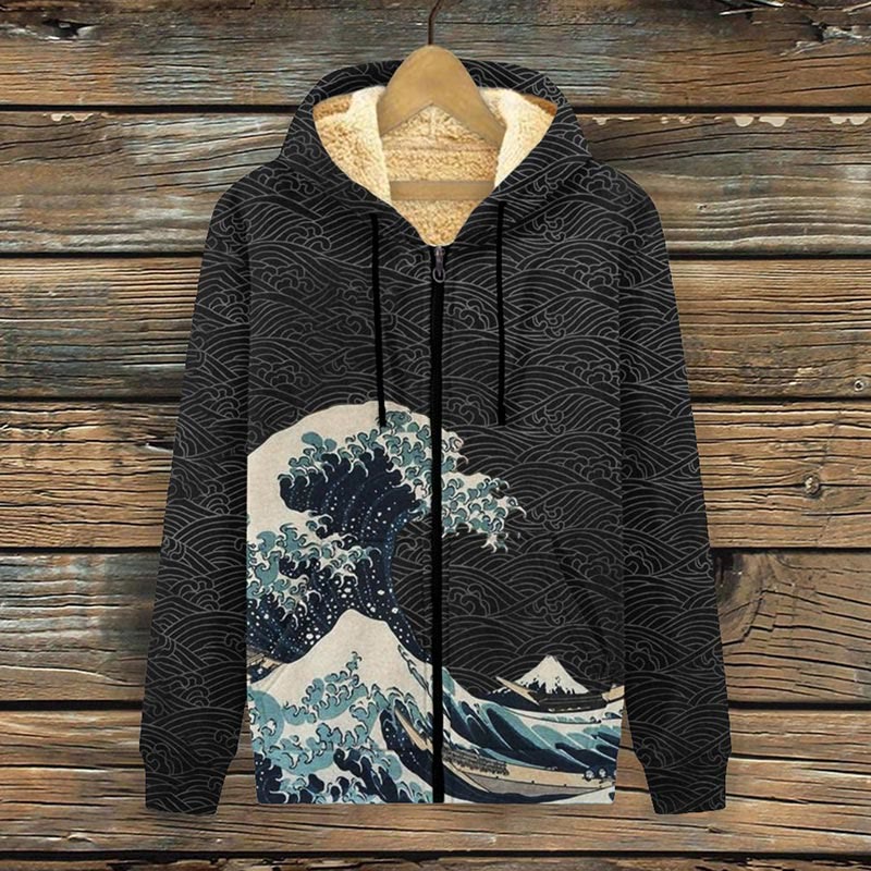 Japanese Wave Inspired Print Fleece Jacket - Black - 4XL - image 1