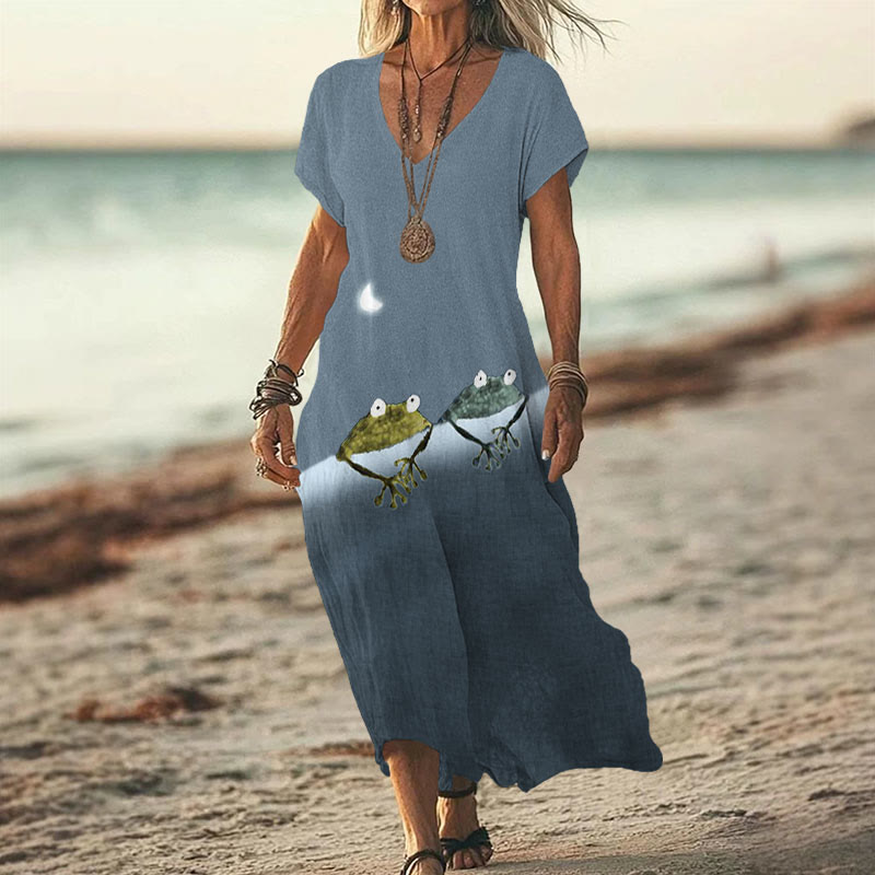 Simple Frog Color Block Print V-neck Dress - Blue - 6XL - image 4