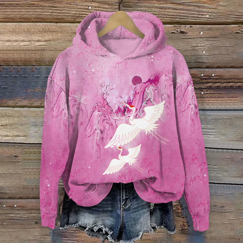 Japanese Cranes Flying Across Mountain Print Long Sleeve Hoodie - Pink - US44-46(8XL) - image 3