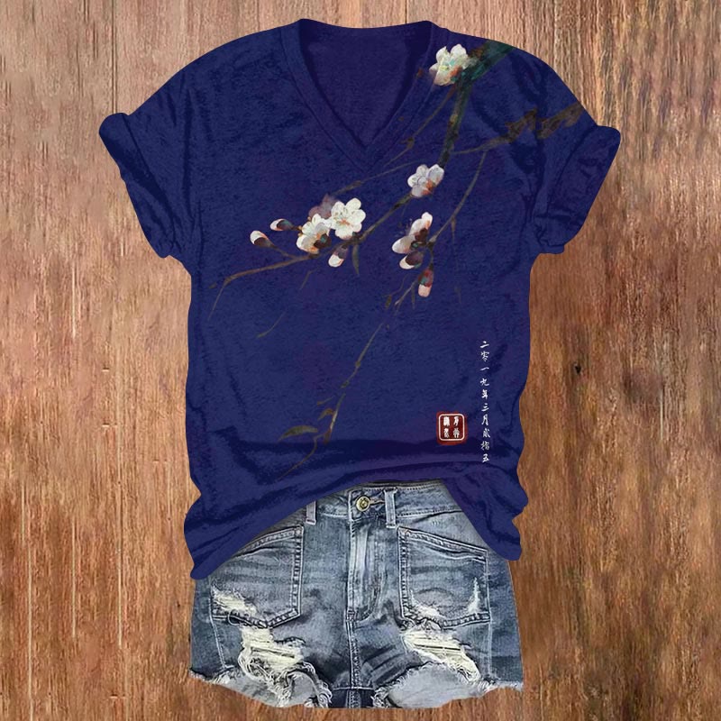 Vintage Plum Blossom Art Print V-neck T-shirt