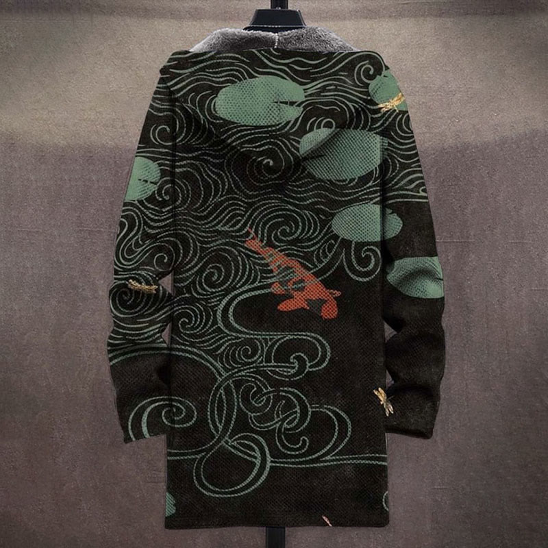 Retro Japanese Lotus Leaf Goldfish Print Unisex Plush Thick Long-sleeved Fleece Jacket - image 2