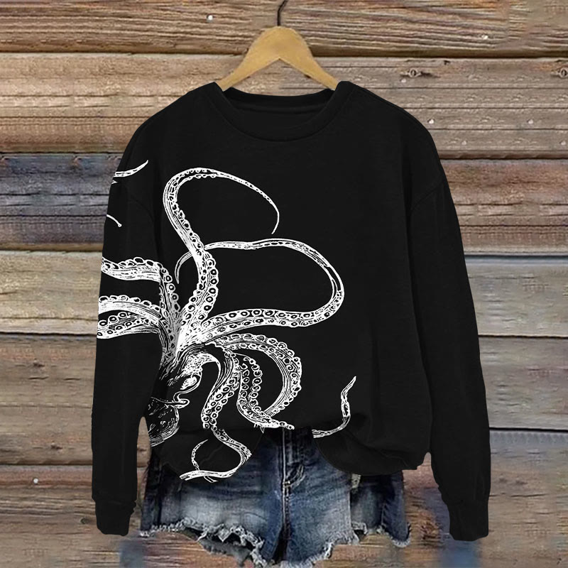 Kraken Titan Giant Octopus Art Print Casual Crewneck Sweatshirt - Black - 5XL - image 2