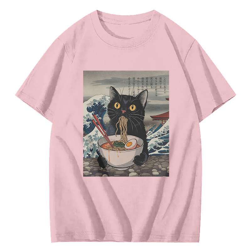 Ukiyo-E Black Cat Ramen Print Short Sleeved Crew Neck T-Shirt - Pink - 2XL - image 5