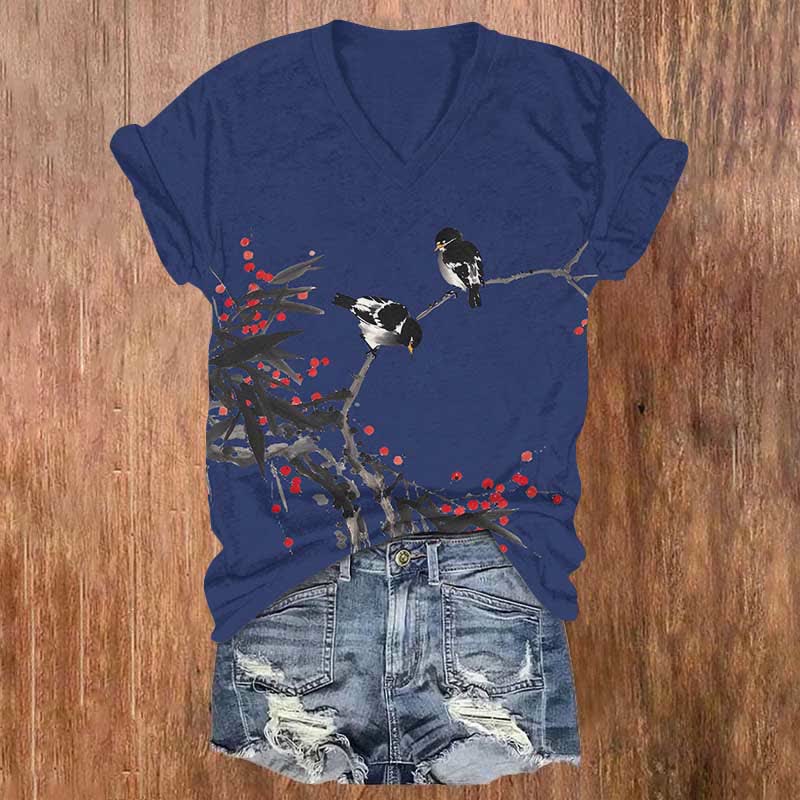 Japanese Vintage Bird Art Print V-neck T-shirt - Blue - US32-34(5XL) - image 2