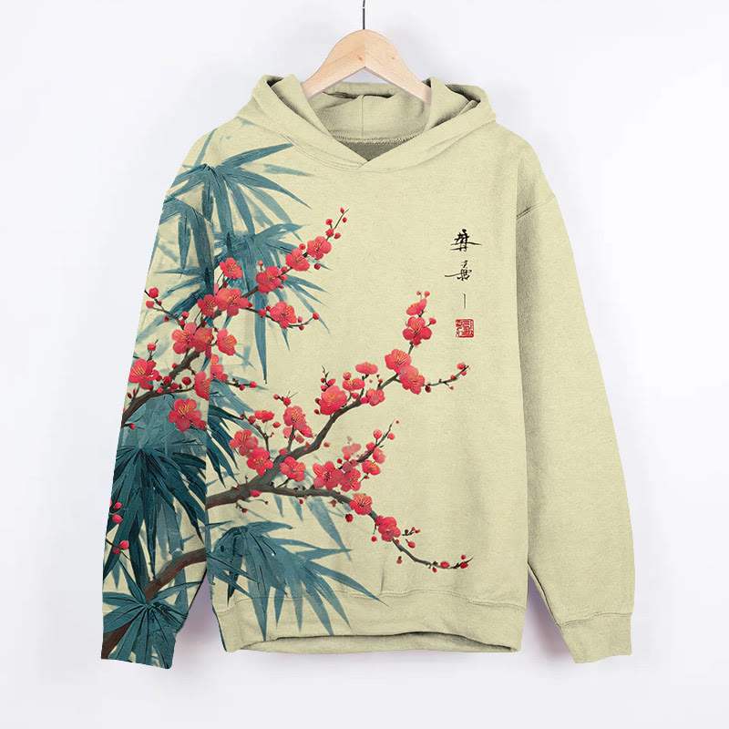 Japanese Watercolor Painting Of Flowers And Bamboo Leaf Art Print Long Sleeve Hoodie - Light Green - US44-46(8XL) - image 3
