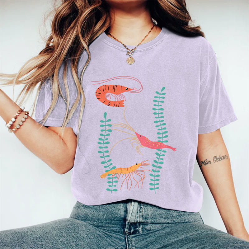 100% Cotton Women's Japanese Creative Colored Shrimps Art Print Casual T-shirt - Purple - 2XL - image 9