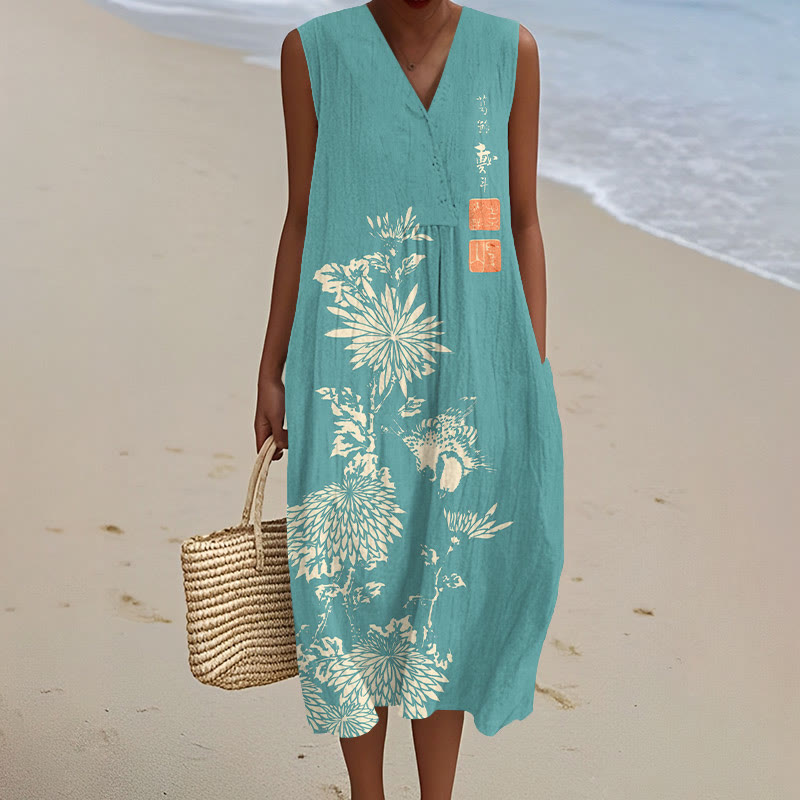 Vintage Chrysanthemum Art Print V-neck Sleeveless Dress - Blue - 5XL - image 6