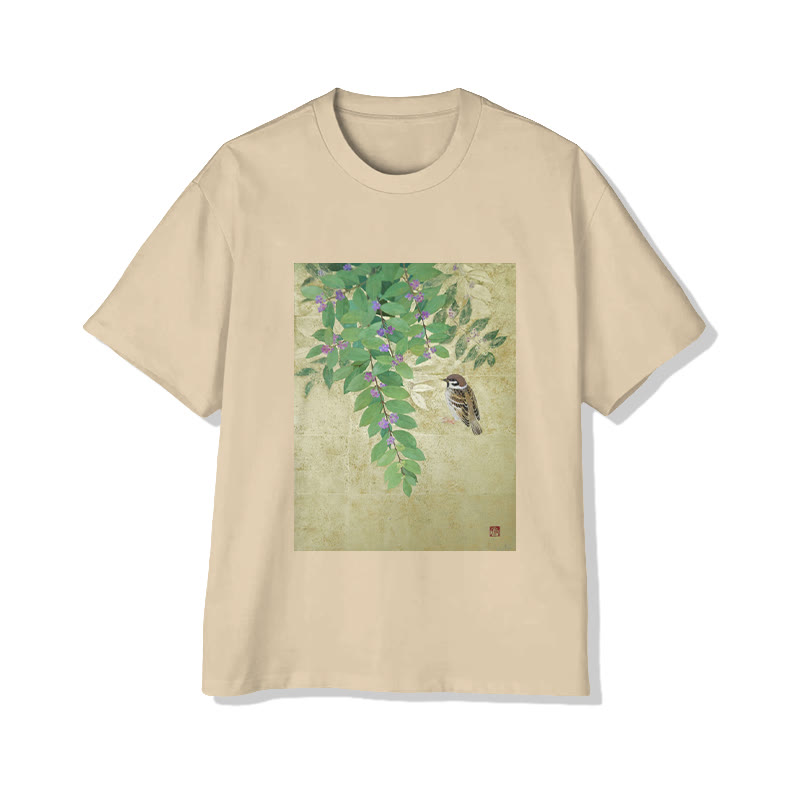 Unisex Japanese Serene Floral And Bird Art Print Short Sleeved Crew Neck T-Shirt - Apricot - 2XL - image 3