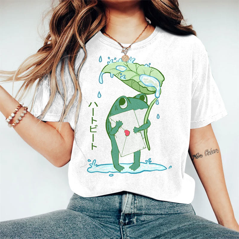 100% Cotton Women's Creative Japanese Frog Holding Letter Art Print Casual T-shirt - White - 2XL - image 2