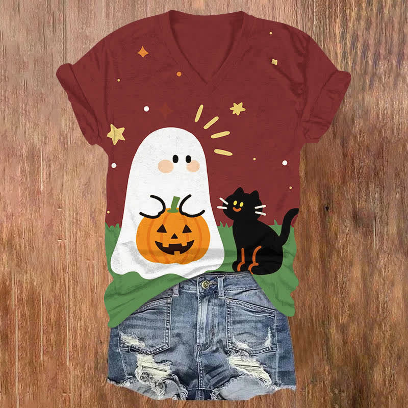 Halloween Cartoon Ghost & Black Cat Print V-neck T-shirt - Red - US32-34(5XL) - image 3
