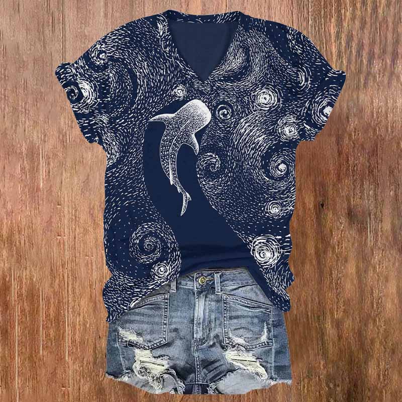 Creative Starry Sky Whale Shark Print T-shirt - Blue - 5XL - image 1