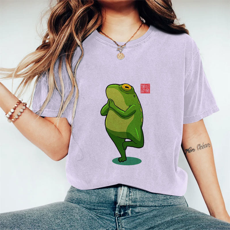 100% Cotton Funny Frog Yoga Art Print Casual T-shirt - Purple - 2XL - image 9