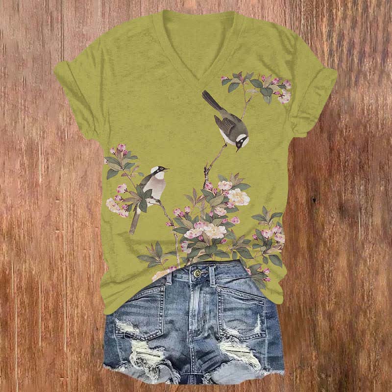Japanese Vintage Birdsong And Flowers Artprint V-neck T-shirt - Green - US32-34(5XL) - image 2