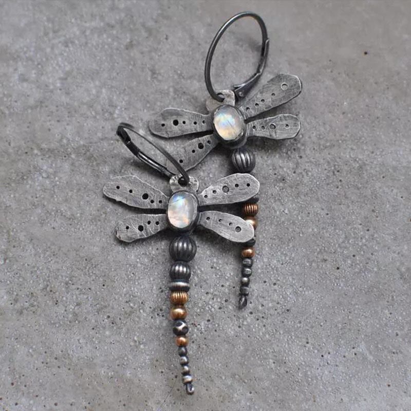 Retro Design Distressed Moonstone Dragonfly Earrings - image 3