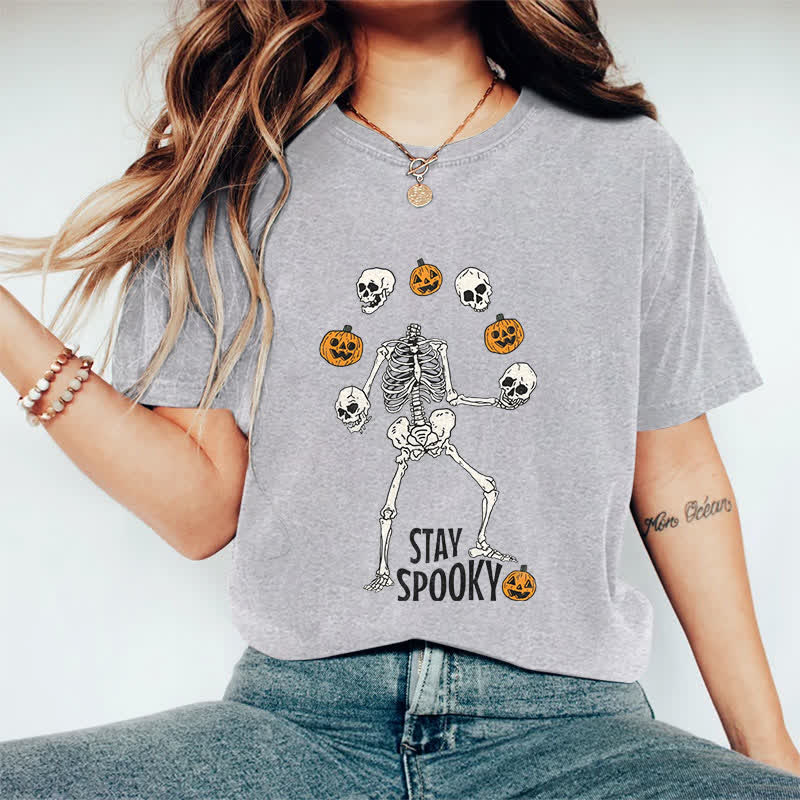 100% Cotton Women's Halloween Funny Stay Spooky Art Print Casual T-shirt - Grey - 2XL - image 6