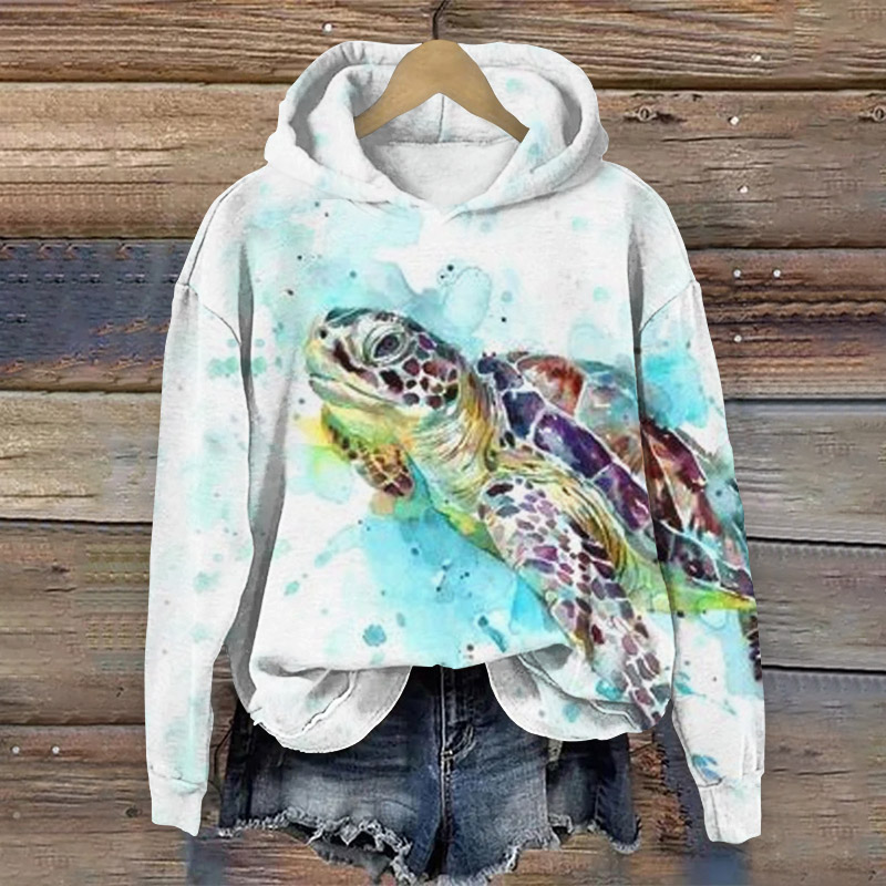 Creative Turtle Art Print Long Sleeve Hoodie - White - 8XL - image 1