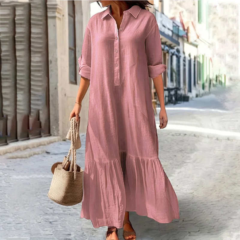 Beach Elegant Solid Shirt-collar Button-front 3/4 Sleeve Maxi Dress - Pink - 5XL - image 3